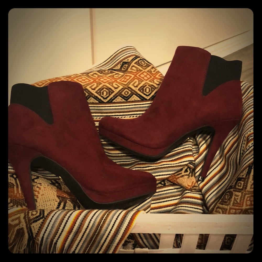 Thalia Sodi Burgundy and Black Suede Ankle Booties